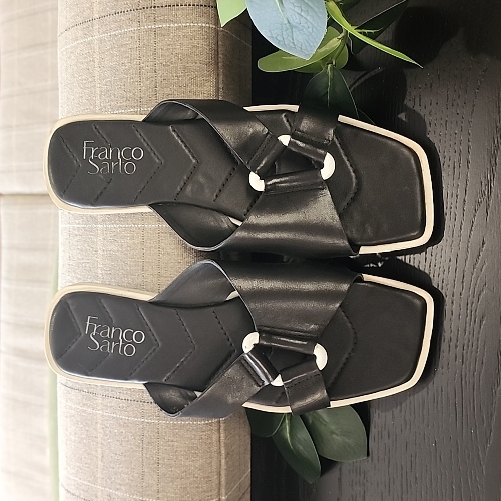 FRANCO SARTO Molana Leather Sandals 7.5 Slides Minimalist Buckle Square Toe - Picture 6 of 15